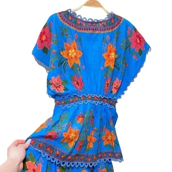 NWT Farm Rio Tropical Tapestry Blue Lace Layered Midi Summer Dress Size XS - Picture 10 of 11